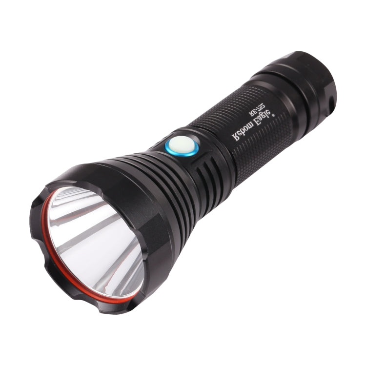 Black rechargeable flashlight with blue power button, front lens beam opening
