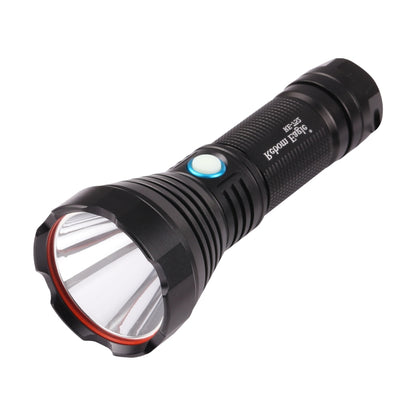 Black rechargeable flashlight with blue power button, front lens beam opening