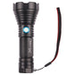 Black rechargeable flashlight with blue button and wrist lanyard, side view