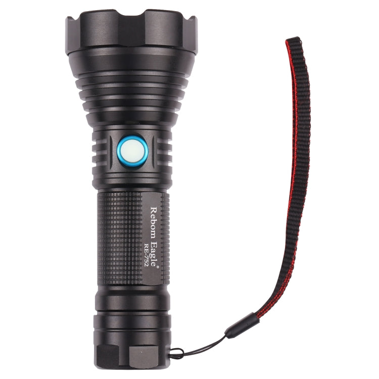 Black rechargeable flashlight with blue button and wrist lanyard, side view