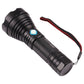 Black rechargeable flashlight with blue button and red wrist lanyard, angled view