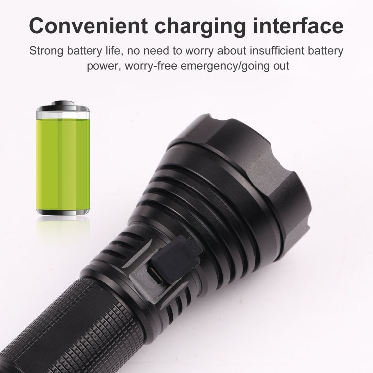 Black rechargeable flashlight showing charging interface area and blue power button