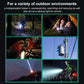 Rechargeable flashlight shown in outdoor use collage with multiple bright beams