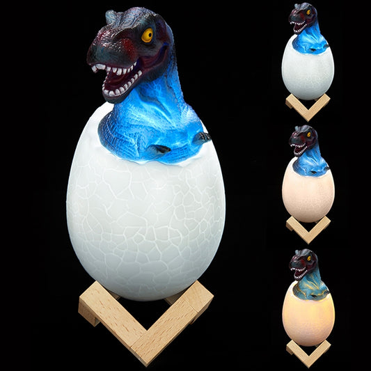 Blue glowing 3D dinosaur night light with egg-shaped body and wooden V stand