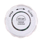 Clear LED cylinder with open-close markings and remote-controlled label on top