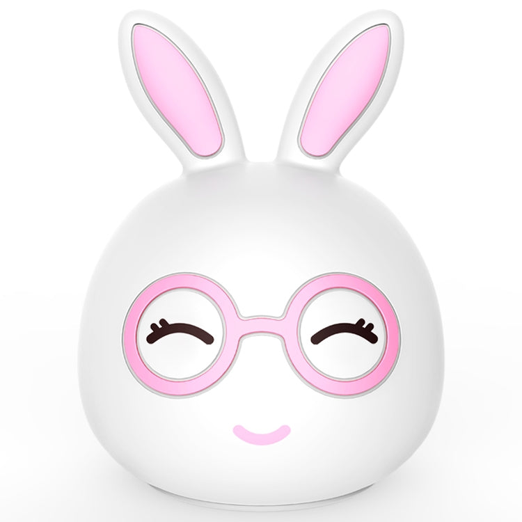 Pink-glasses 3D LED rabbit night light, white body with long ears, close-up