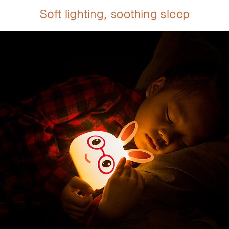 Pink 3D LED rabbit night light with round glasses, soft glowing, AAA battery design