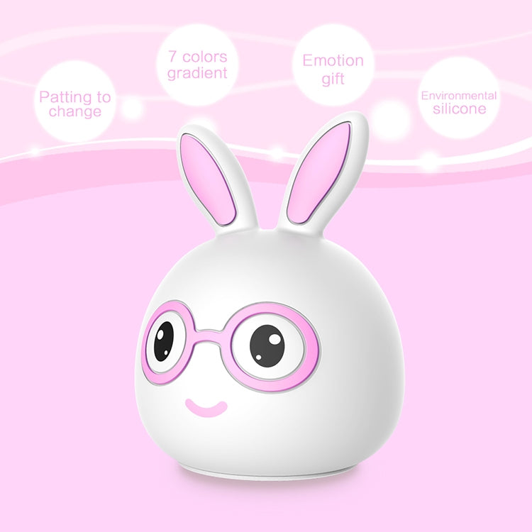 White LED rabbit night light with pink glasses and ears, smiling round face