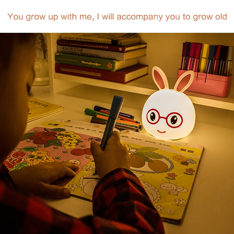 White 3D LED rabbit night light with round glasses, USB rechargeable design