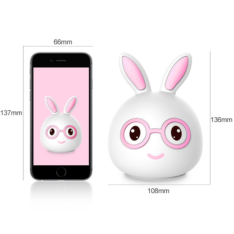 Rabbit 3D LED night light with round glasses and long ears, shown beside phone
