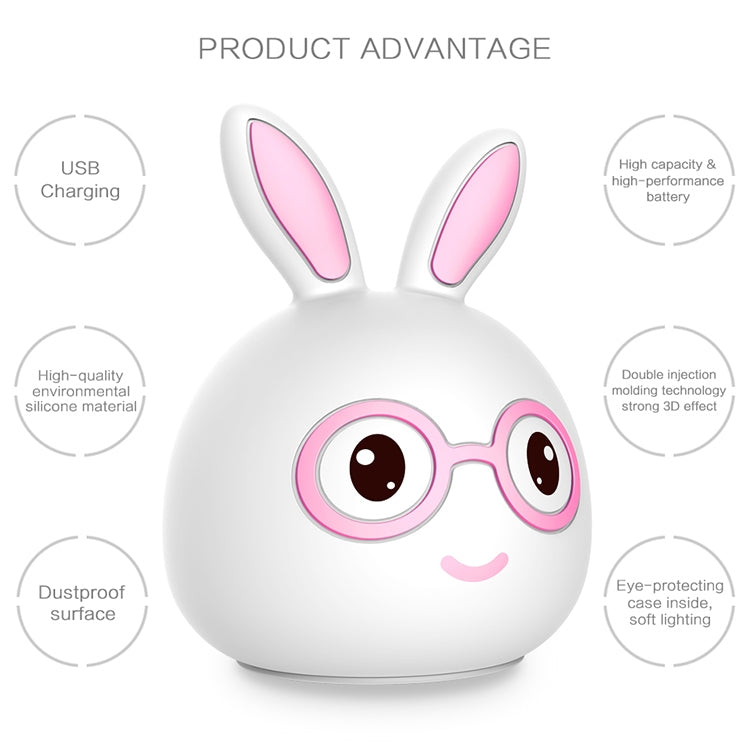 Rabbit 3D LED night light with long ears, pink glasses, and white glossy body