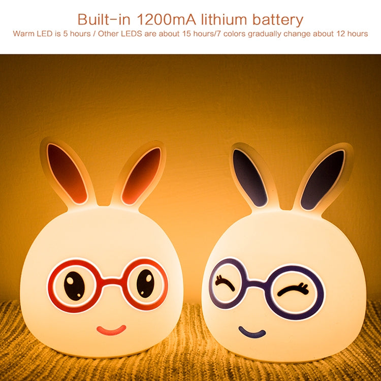 Two glowing rabbit LED night lights with round glasses and long ears, warm light