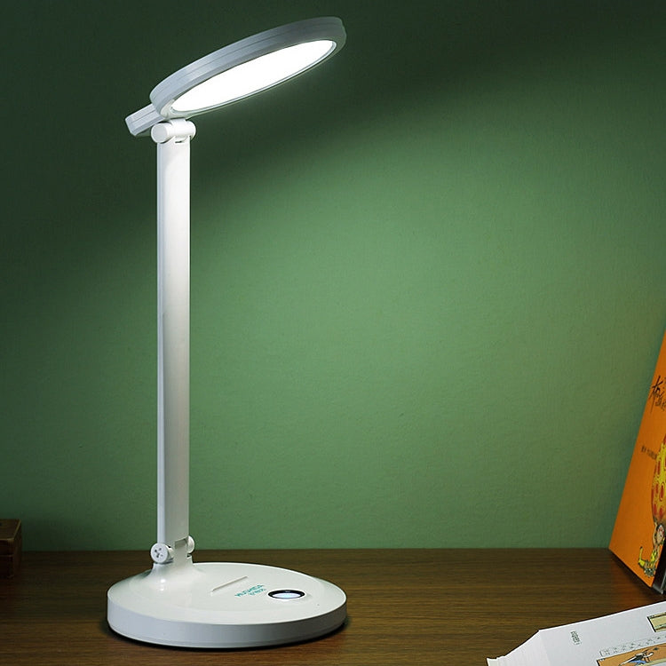 White foldable LED desk lamp with ring light head on a round base