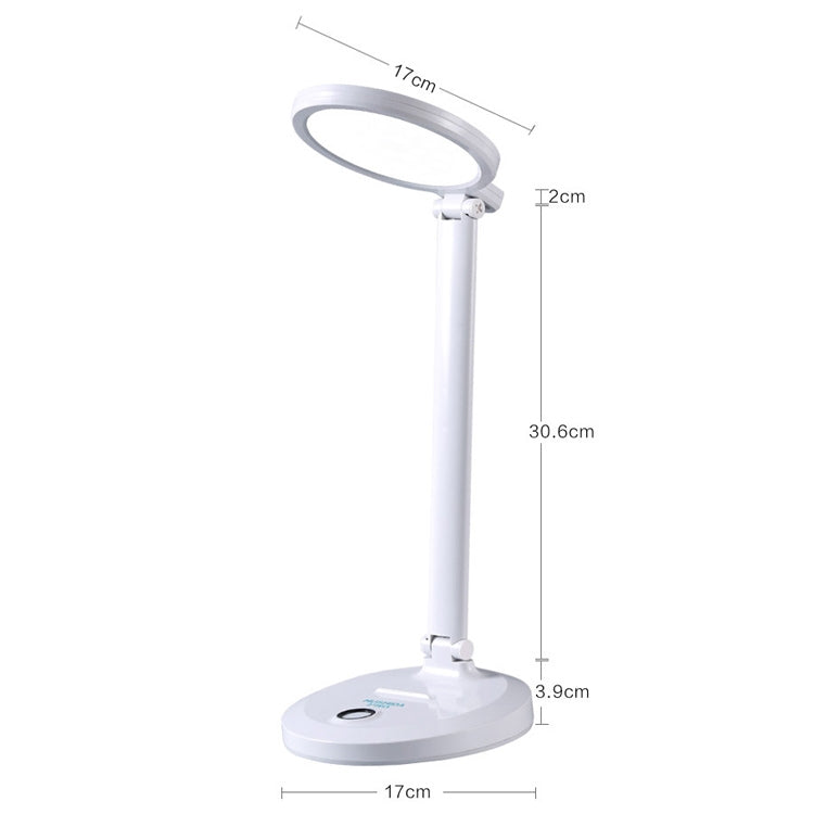 White foldable LED desk lamp with ring head and adjustable height on round base