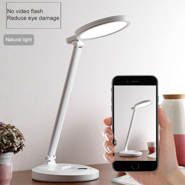 White foldable LED desk lamp with ring head and smartphone app control