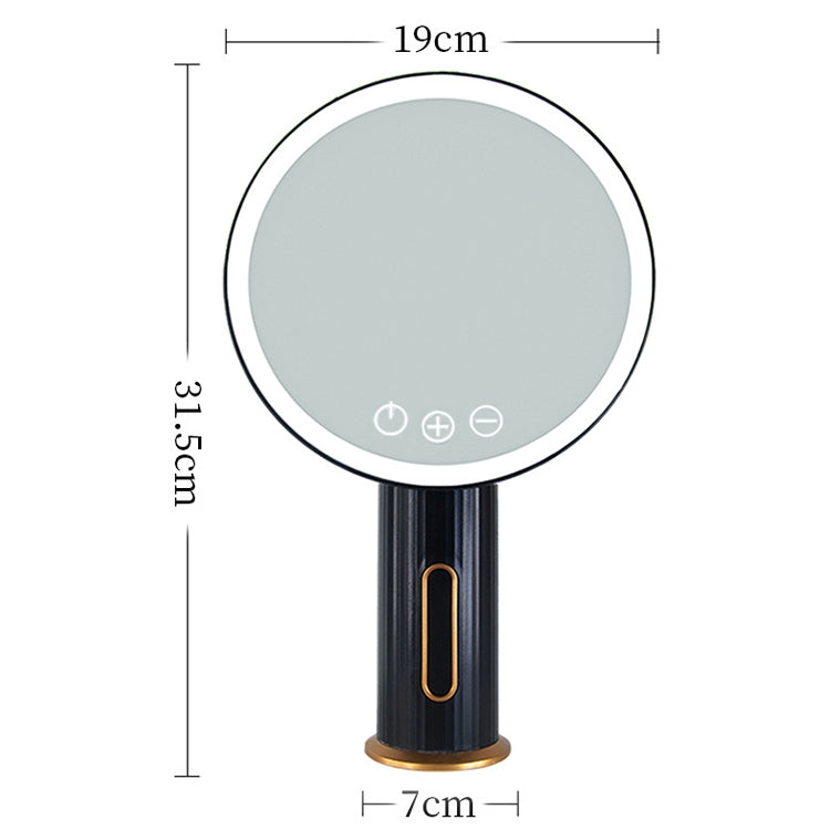 Black LED desktop makeup mirror with circular illuminated face and slim tabletop stand