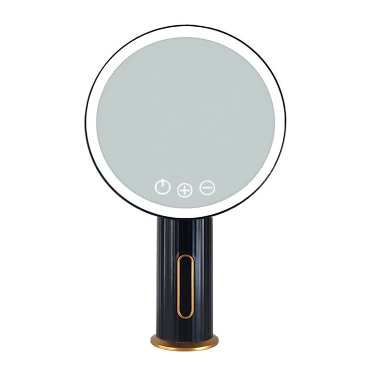 Black LED desktop makeup mirror with circular illuminated surface and touch control icons