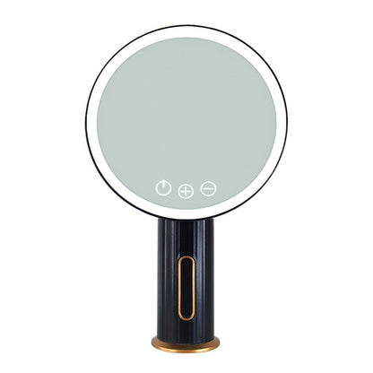 Black LED desktop makeup mirror with circular illuminated surface and touch control icons