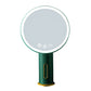 Green LED desktop makeup mirror with circular illuminated surface and touch control icons