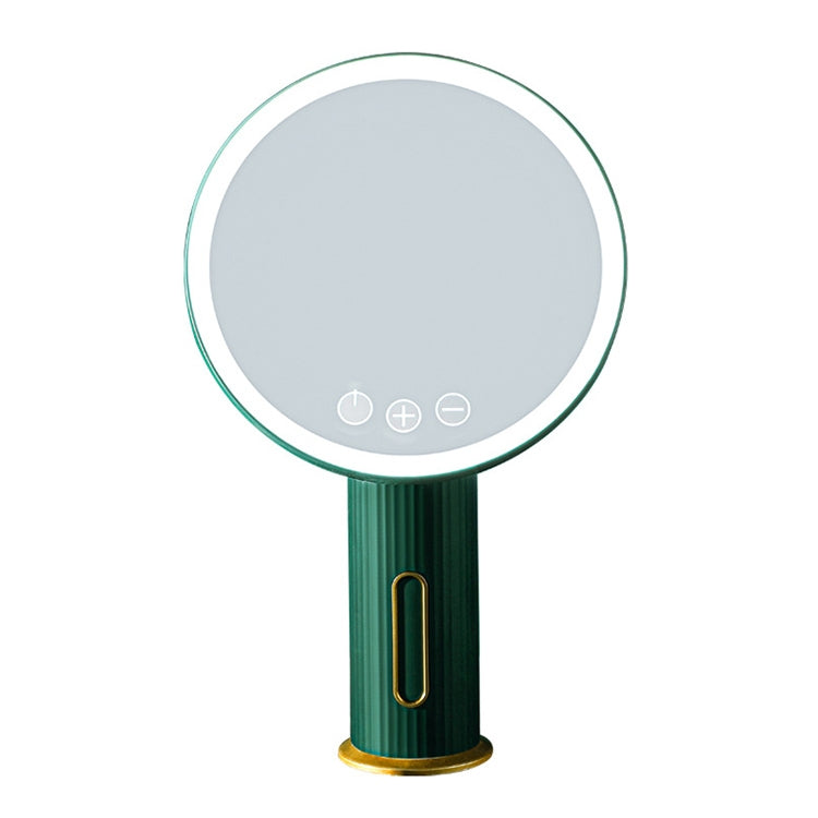Green LED desktop makeup mirror with circular illuminated surface and touch control icons