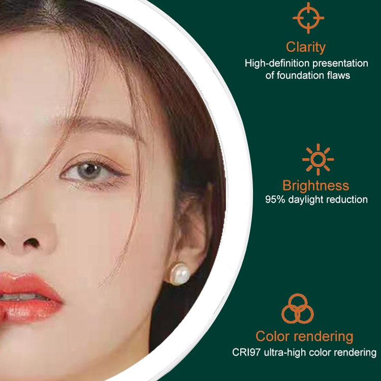 Circular lighted makeup mirror with touch icons, shown close-up on a face
