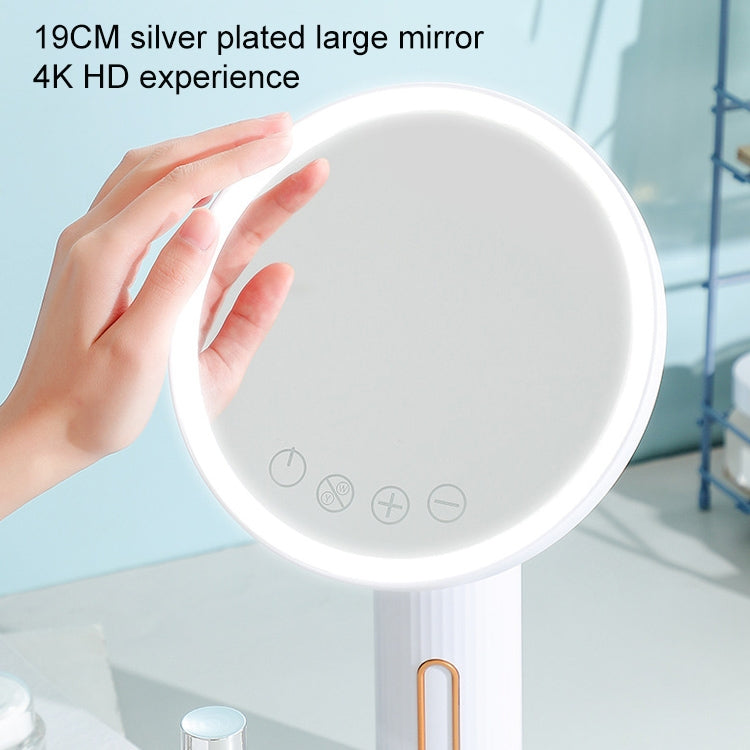 White LED desktop makeup mirror with circular illuminated surface and slim base stand