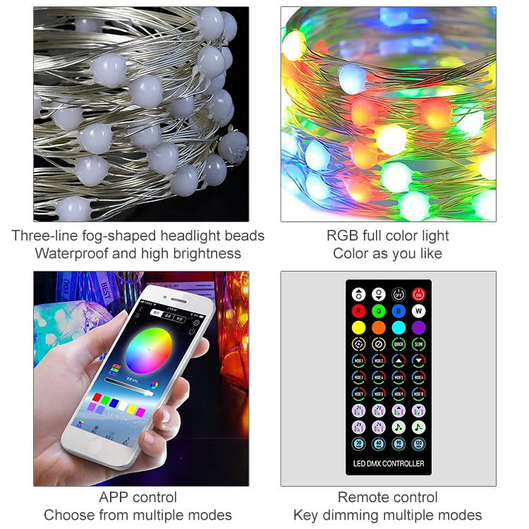 RGB fairy light wire with white bulbs; smartphone app and remote controller shown