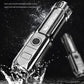 Silver waterproof-style flashlight shown with water splash and side power button.