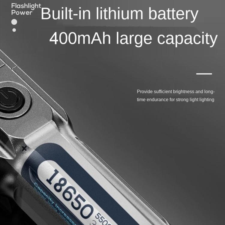 Close-up of silver flashlight body with power button and printed capacity marking.
