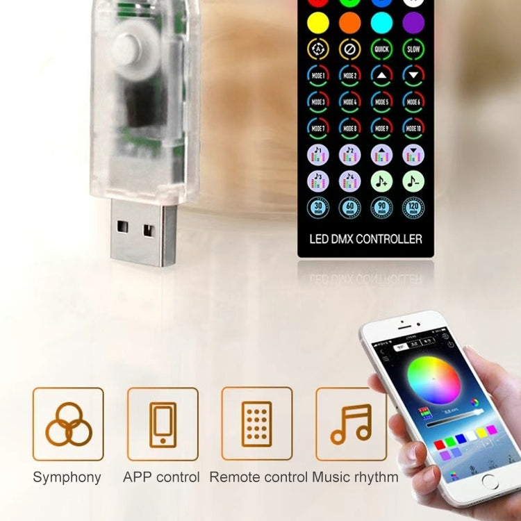 USB LED DMX controller with built-in buttons and sync controls for string lights