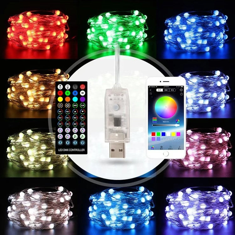 RGB LED string light spools in red, green, blue, yellow, and white with controller
