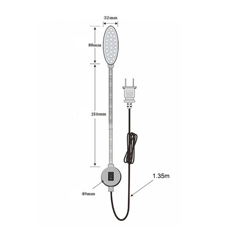 Sewing LED lamp dimension diagram with magnetic base and 1.35 m power cord