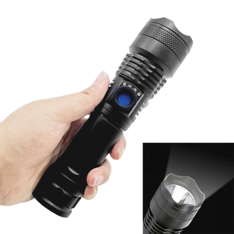 Black mini LED spotlight flashlight with textured grip and blue side button.