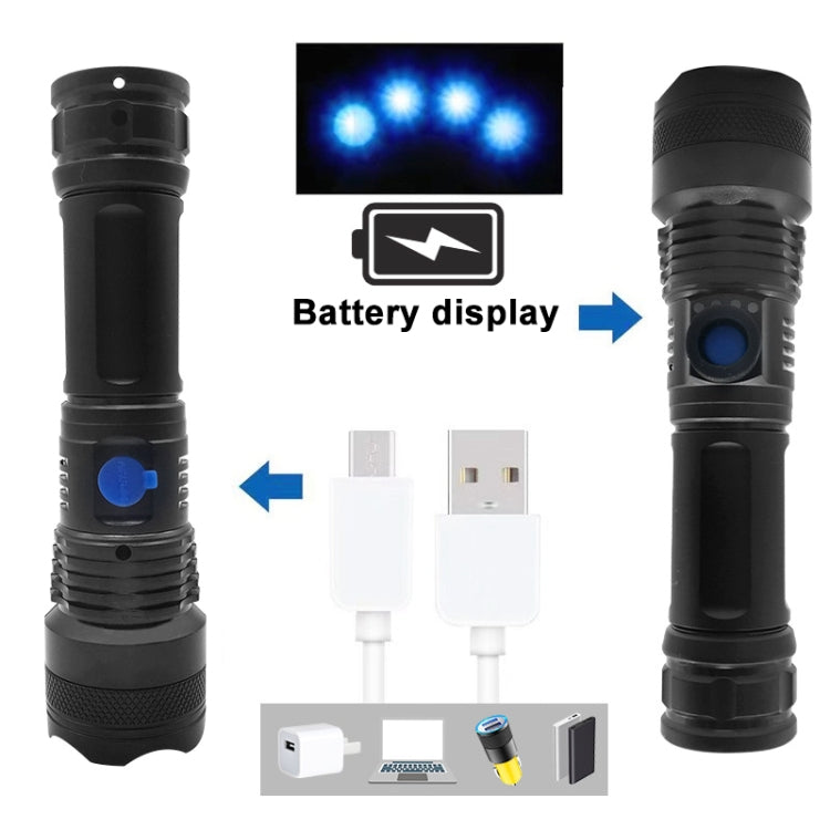 Black rechargeable LED flashlight with charging cable; front blue button visible.