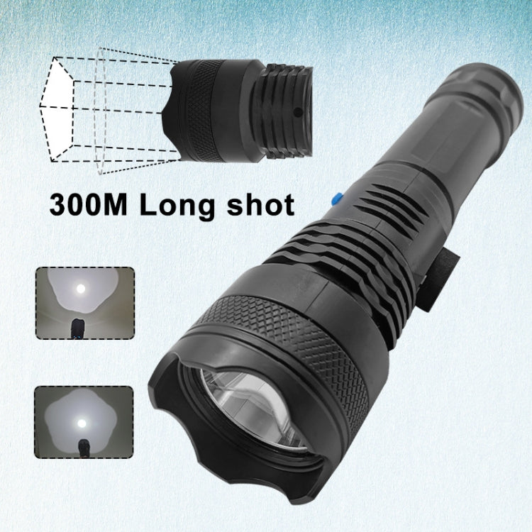 Black LED mini flashlight with wide head lens and ribbed grip, beam shown.