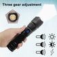 Black handheld LED flashlight with blue button and textured grip; three gear icons.