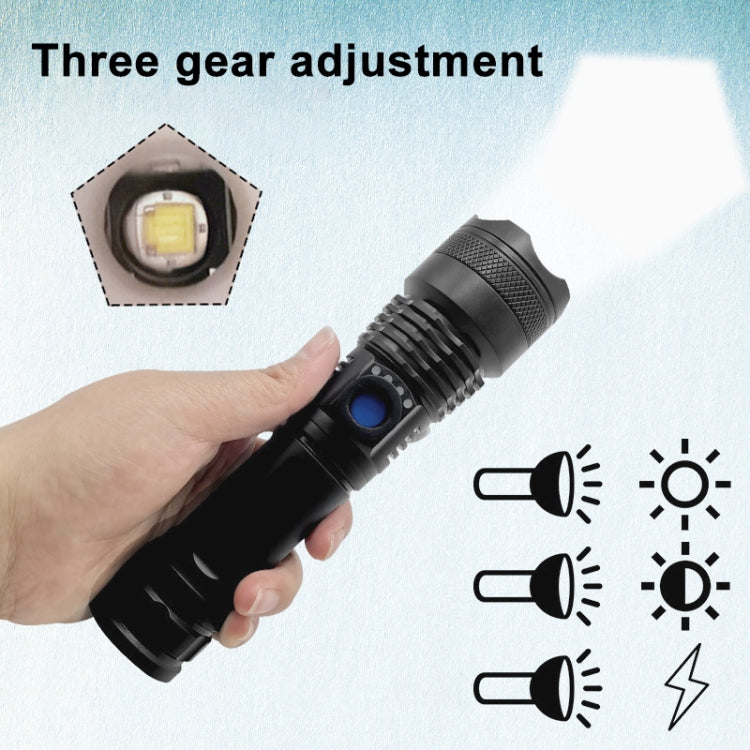 Black handheld LED flashlight with blue button and textured grip; three gear icons.