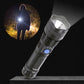 Black rechargeable LED flashlight with bright beam, blue indicator button on body.