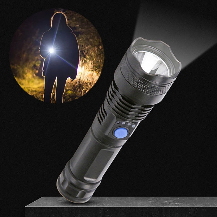 Black rechargeable LED flashlight with bright beam, blue indicator button on body.