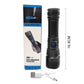 Black mini rechargeable flashlight with box and USB charging cable; blue button.