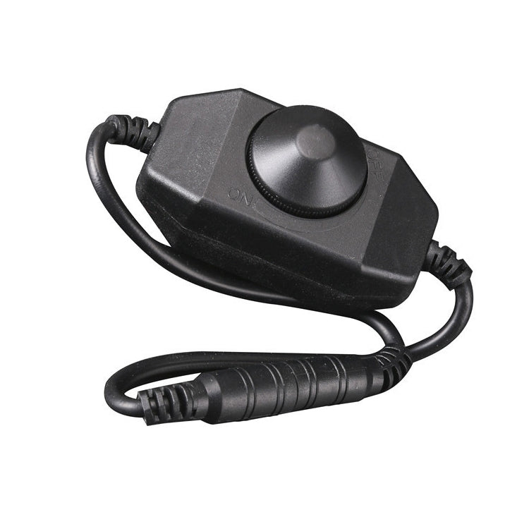 Black LED strip dimmer controller with round knob and two attached power cables