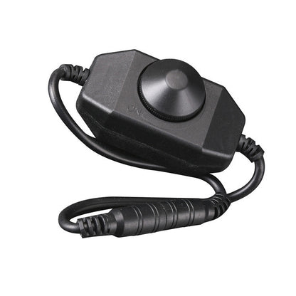 Black LED strip dimmer controller with round knob and two attached power cables
