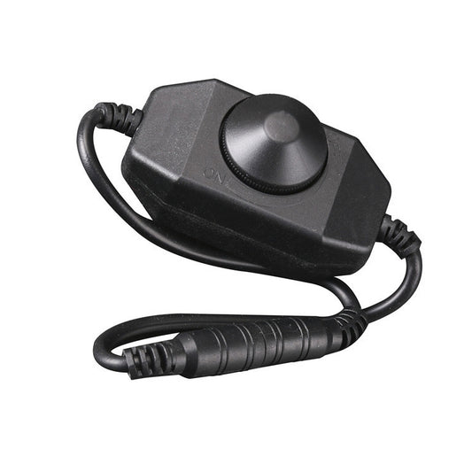 Black LED strip dimmer controller with round knob and two attached power cables