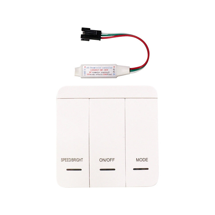 White three-button LED strip controller with speed, on/off, and mode labels