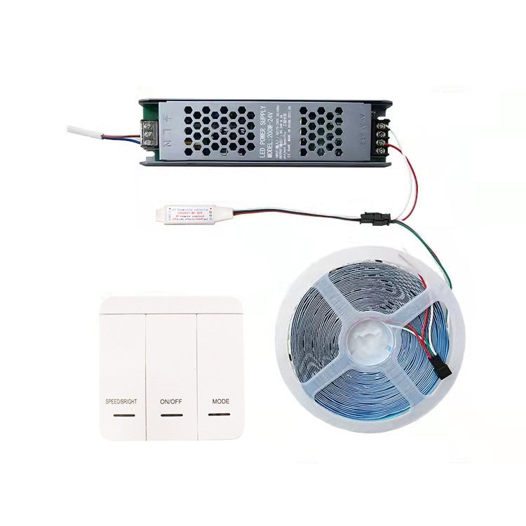 LED strip power supply with vented casing, controller unit, and LED reel bundle
