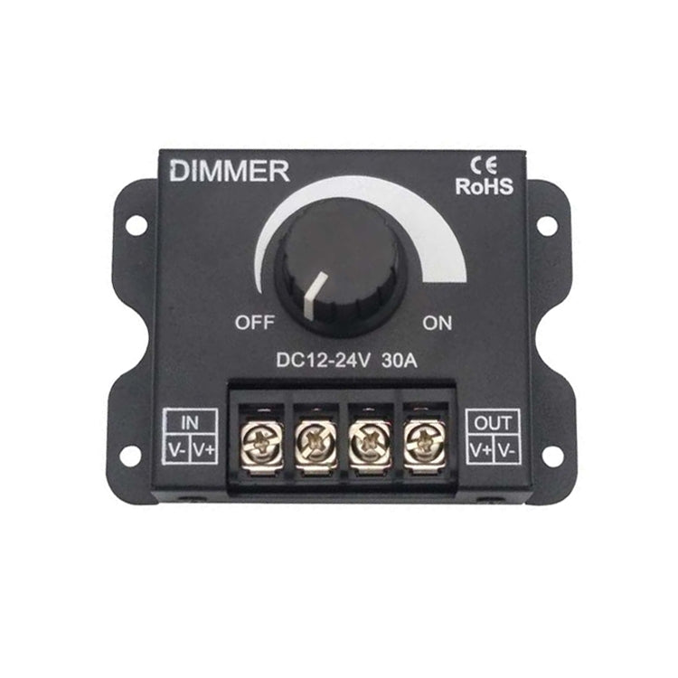 Black DC LED dimmer module with rotary knob, ON/OFF switch, and terminal blocks