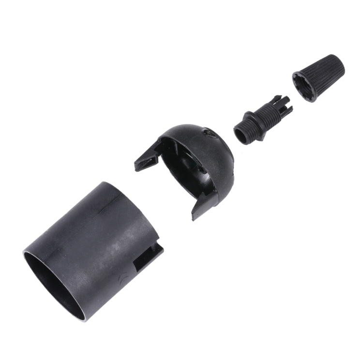 E14 bulb socket holder, black plastic, separate threaded insert and cap