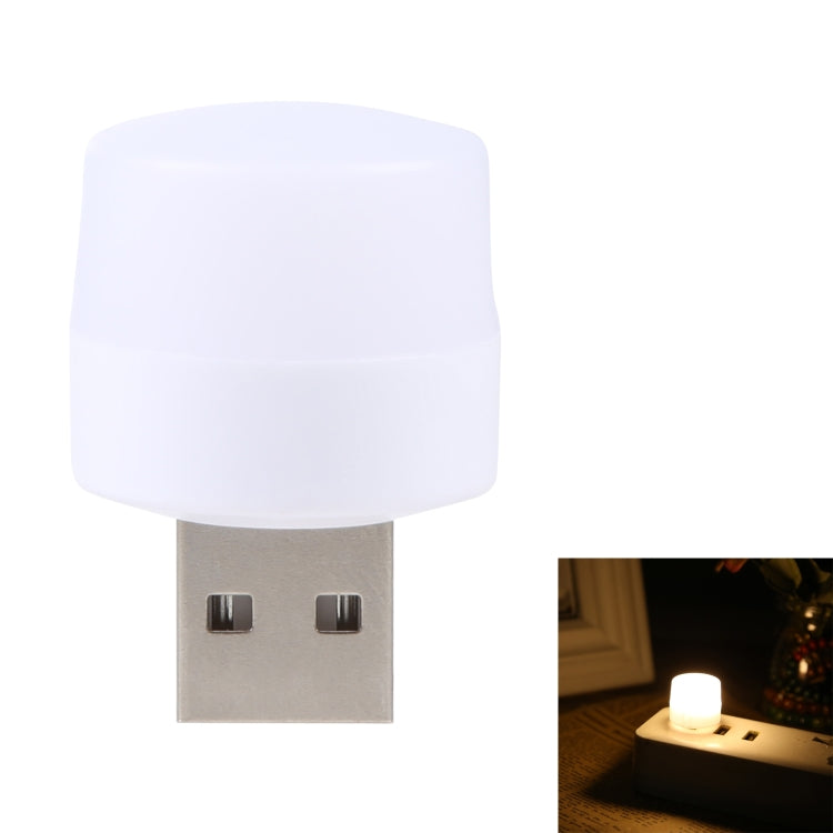 Round LED USB mini night light with white cap and silver USB plug