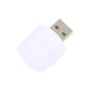 Round LED USB mini night light, white cap and silver USB plug at an angled view