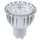 White GU10 LED spotlight with three-lens emitter array and heat sink fins